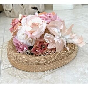 Vintage Whittall & Shon Embellish Wide Brim Netting Floral USA Hat Church Party